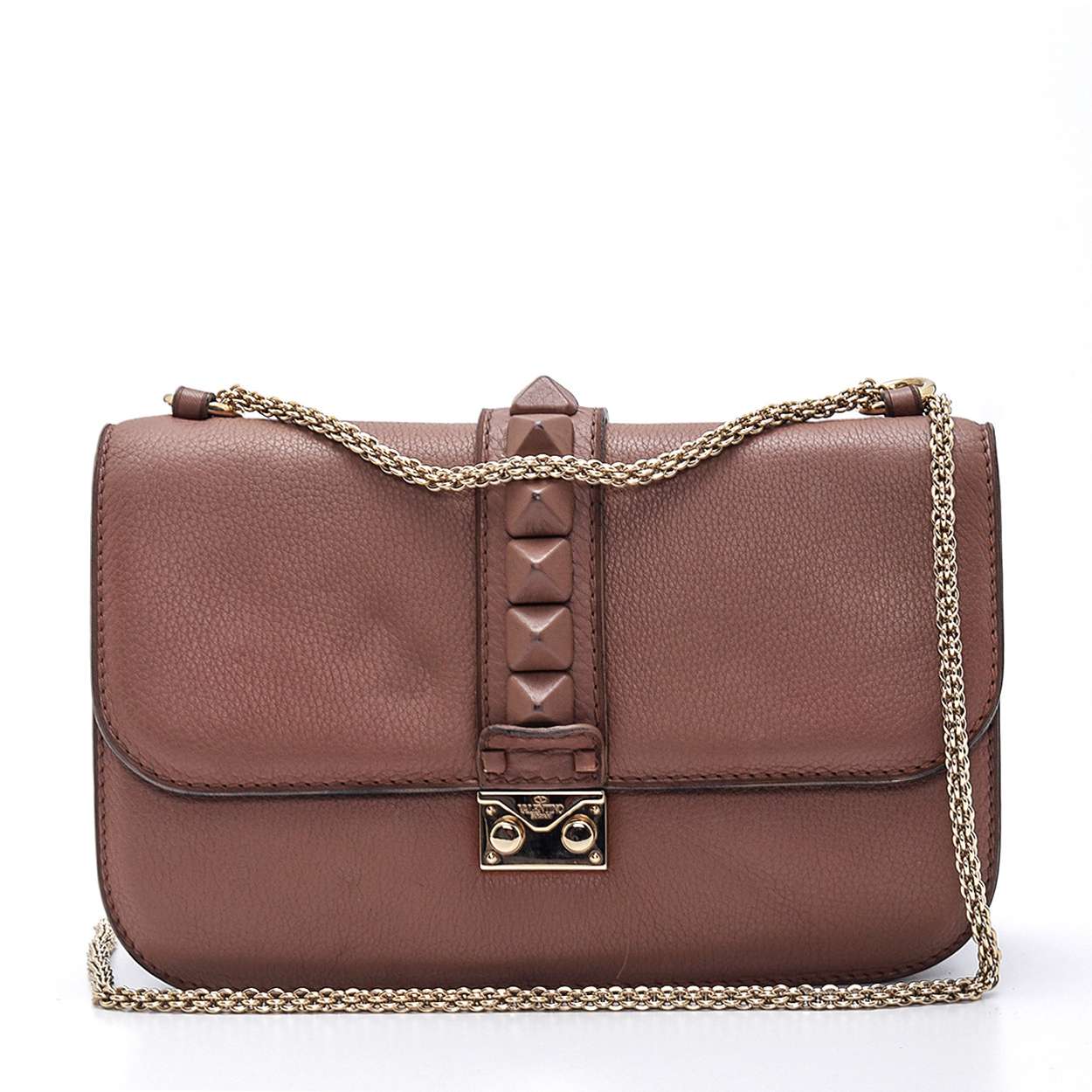 Valentino - Dark Rose Leather Rockstud Glamlock Medium Flap Bag